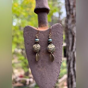 Handmade antique brass & blue-green beaded earrings with copper ear wires